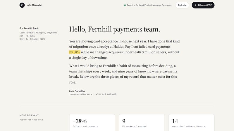 An application page: a letter that opens Hello, Fernhill payments team, and three result cards picked for the role