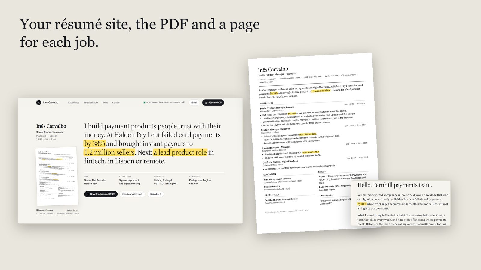 Marked: the résumé site with its hero sentence and yellow highlights, the printed one-page résumé, and the Hello, Fernhill application page