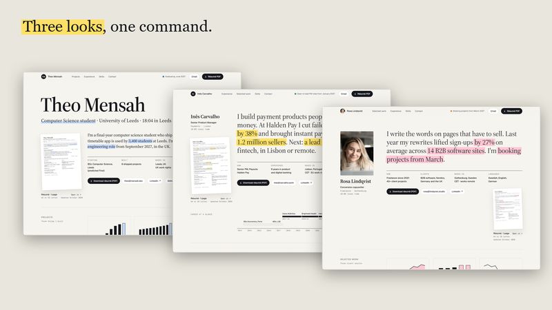 Three looks side by side: a student with a big-name poster hero, a product manager with the sentence hero, and a freelancer with a photo and pink highlights