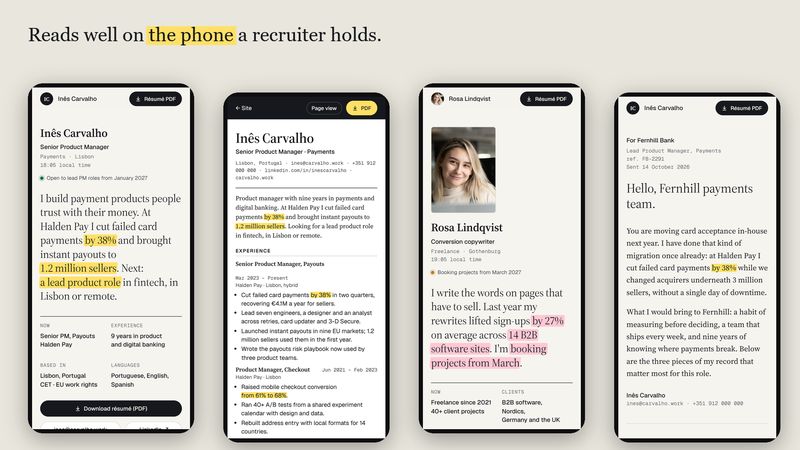 Four phone screens: the home page, the résumé as readable text, the freelancer look and an application letter