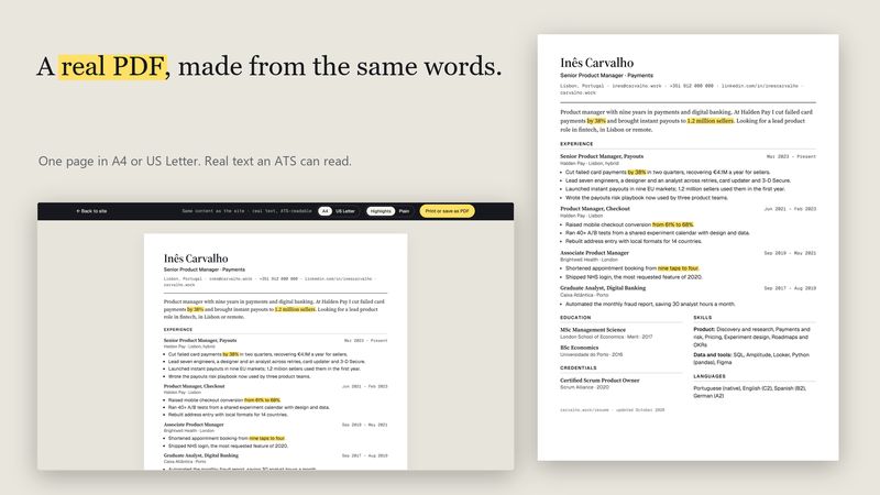 The résumé page with its toolbar (A4 or US Letter, Highlights or Plain, Print or save as PDF) beside the one-page PDF it makes