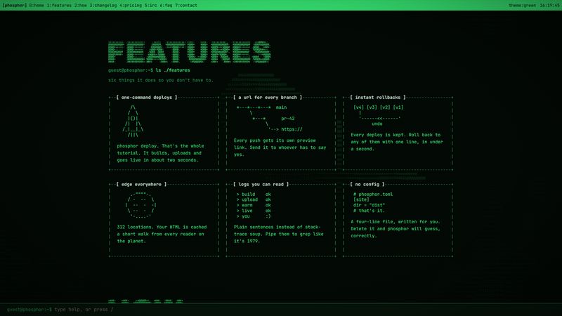 Six feature cards in ASCII frames, each with a small ASCII drawing