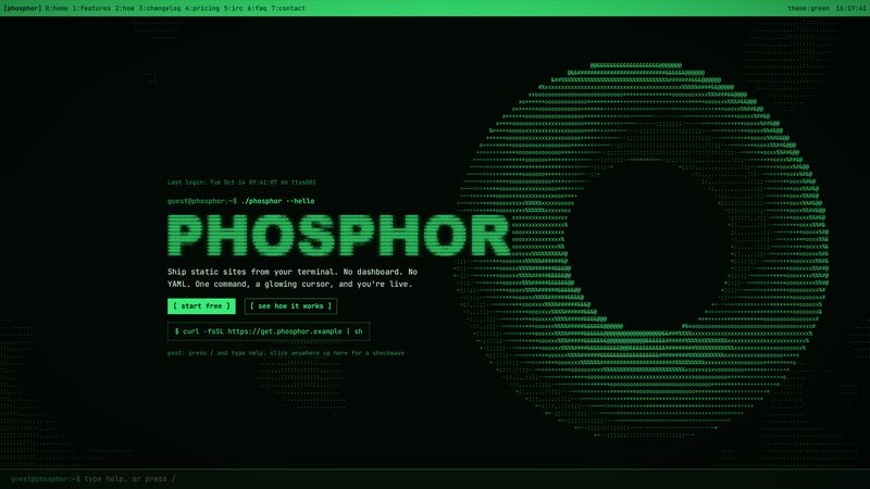 PHOSPHOR template: a green terminal-style page with an ASCII art wordmark and a spinning 3D torus drawn in ASCII