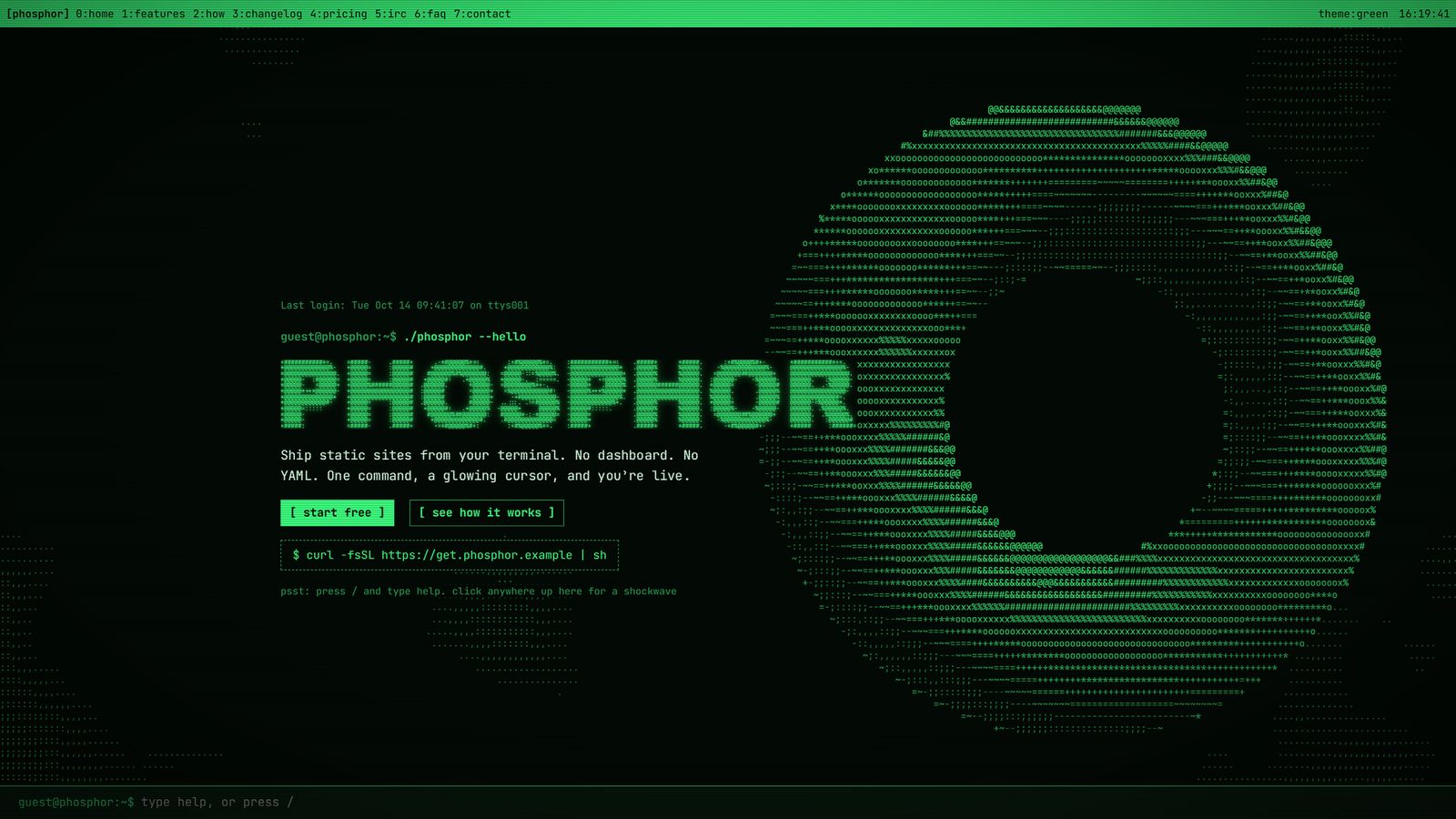 PHOSPHOR home screen: status bar, an ASCII art PHOSPHOR wordmark, a tagline, two buttons, and a 3D torus drawn in green ASCII characters