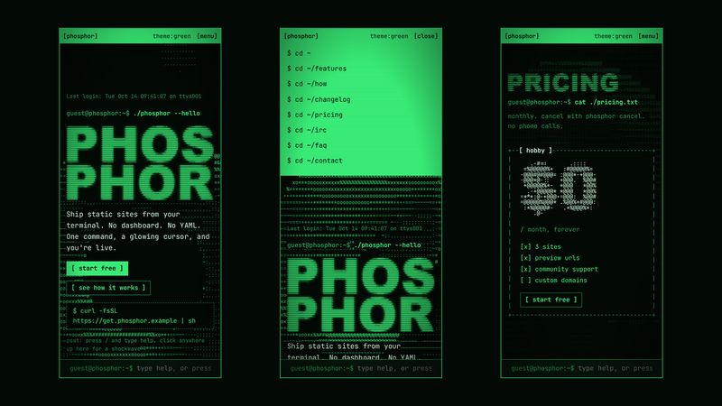 Three phone screens: the home page, the open terminal-style menu, and pricing