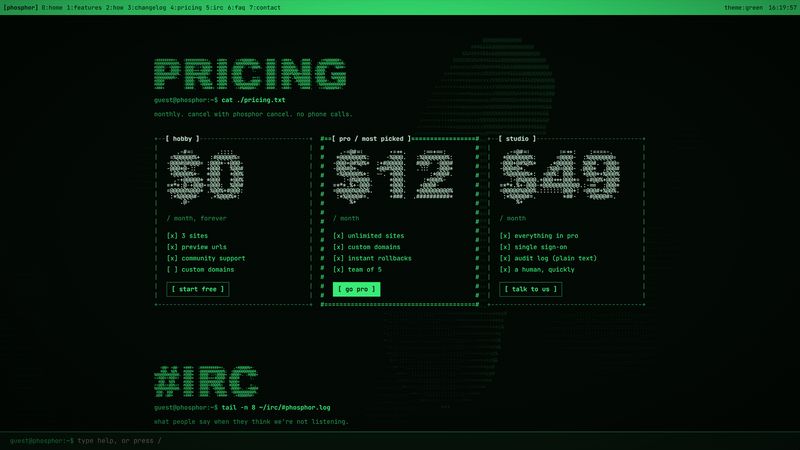 Three pricing plans in ASCII frames with prices drawn as ASCII art