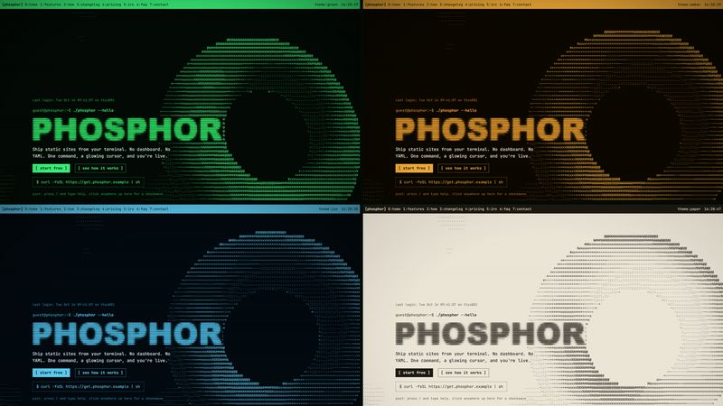The same page in four themes: green, amber, ice blue and light paper