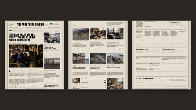 The whole front page from masthead to footer, cut into three columns