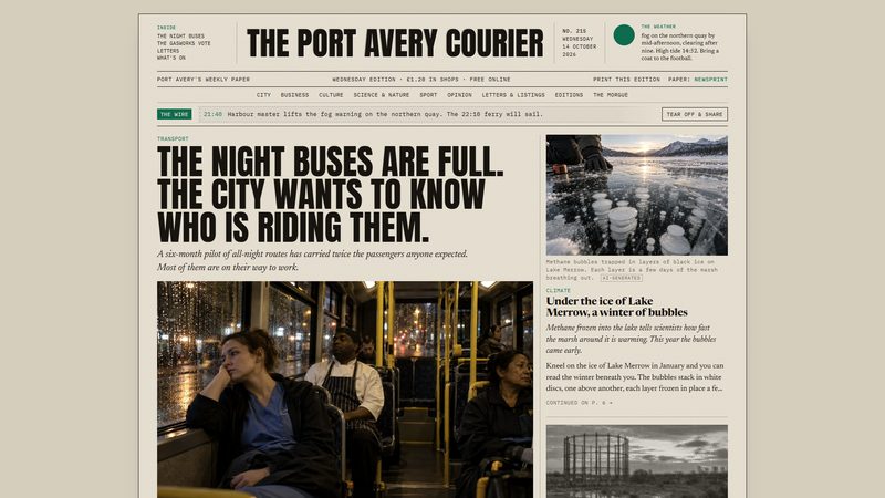 STOP PRESS template: a newspaper front page, The Port Avery Courier, with a lead story about night buses