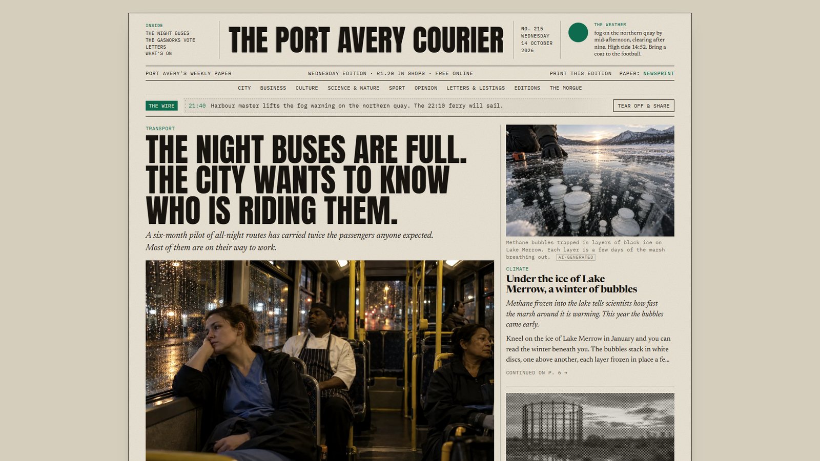 STOP PRESS front page: The Port Avery Courier masthead, the wire, a lead story about night buses with a photo, and two stories beside it