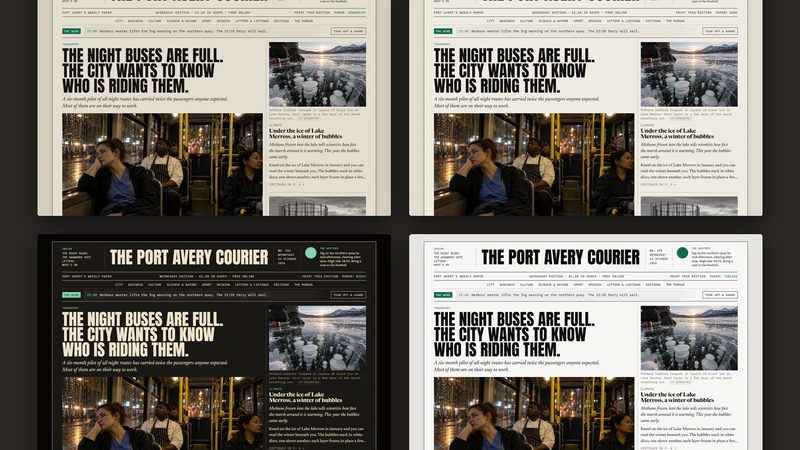 The same front page on four paper stocks: newsprint, bone, night and tabloid