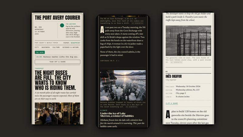 Three phone screens: the front page on newsprint, the front page on the night paper, and a story