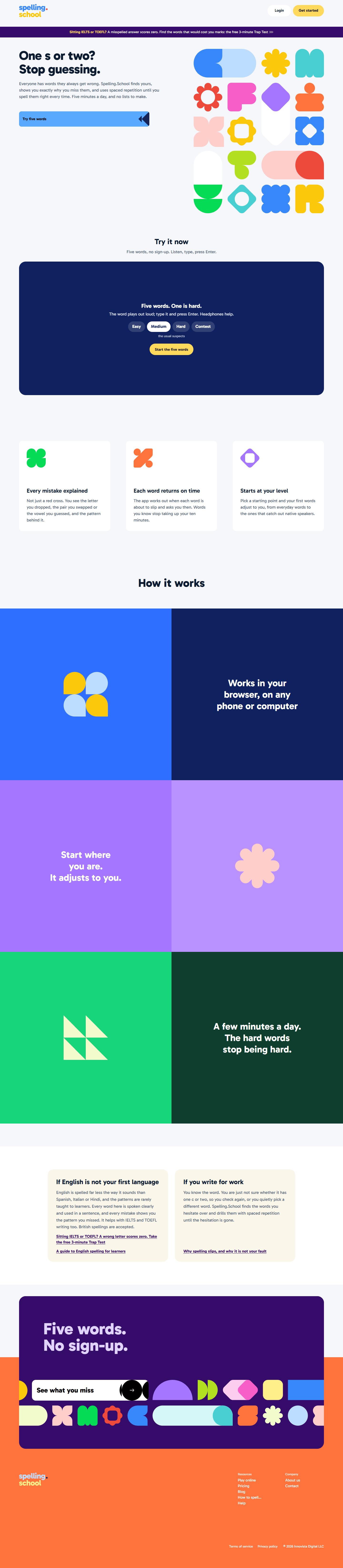 The Spelling.School home page, top to bottom